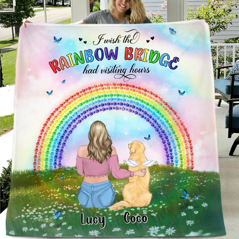 Personalized Dog, Cat Memorial Fleece Throw Blanket/Quilt - Up to 4 Pets - Memorial Gift For Dog/Cat Lover - I Wish The Rainbow Bridge Had Visiting Hours