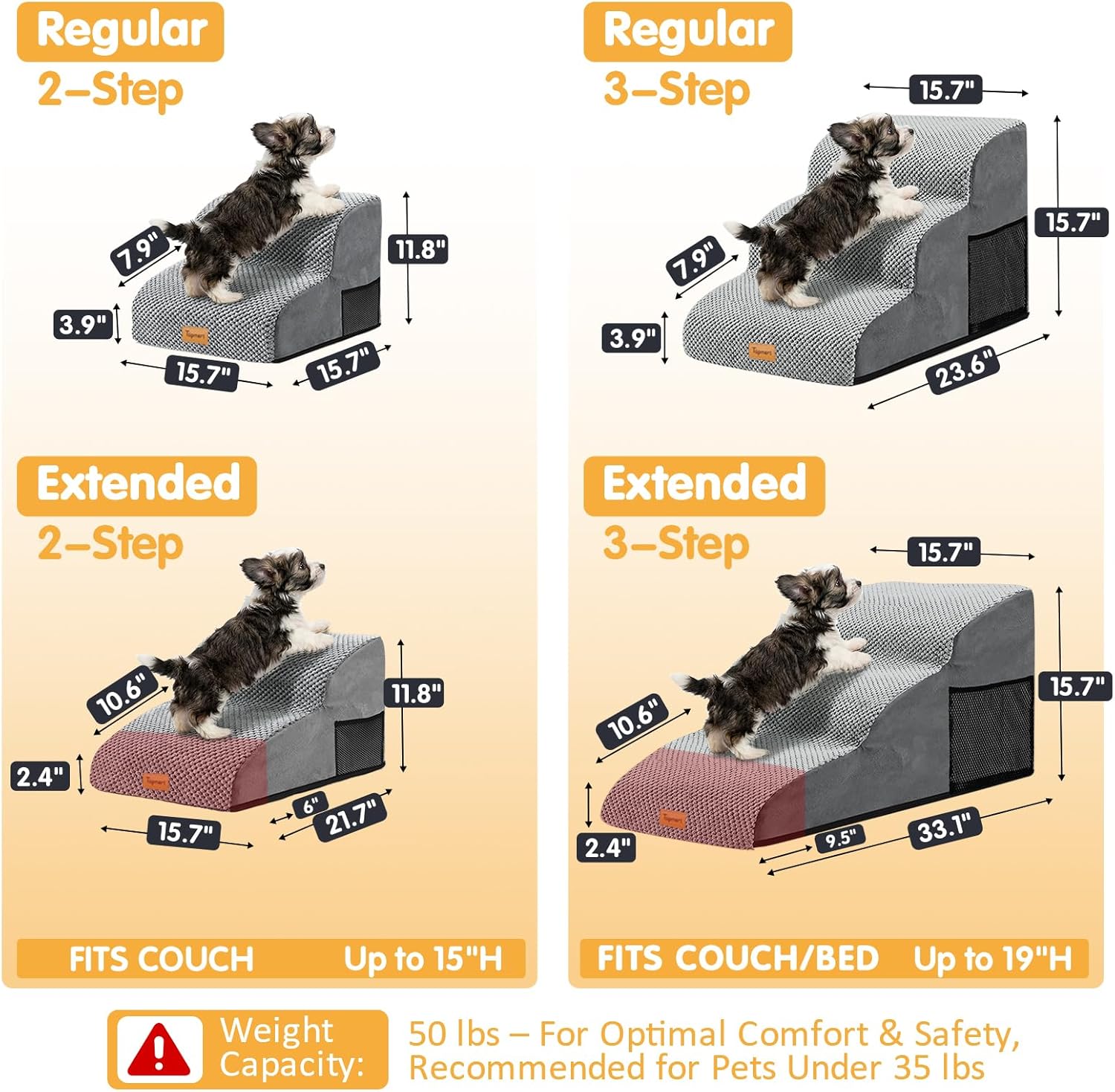 Foam Dog Stairs for Small Dogs & Cats Non Slip Pet Steps 2 Tier