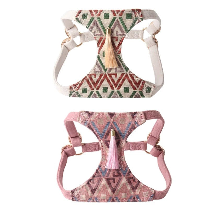 Boho Tassel Dog Harness and Leash Set Adjustable Tribal Pattern Puppy Vest