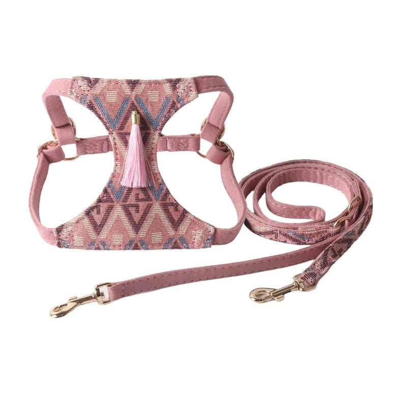 Boho Tassel Dog Harness and Leash Set Adjustable Tribal Pattern Puppy Vest