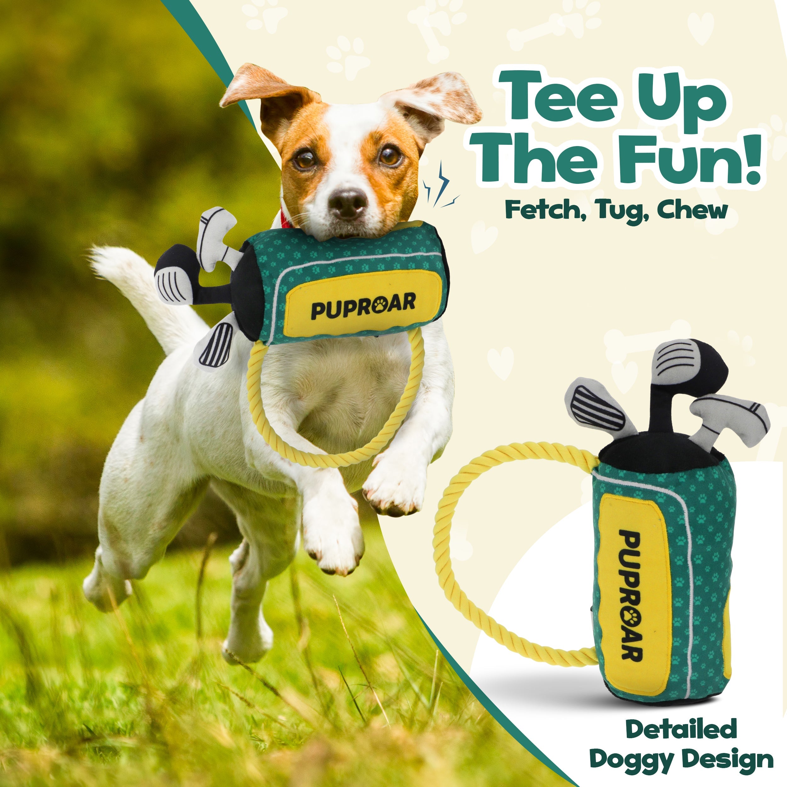 PUPROAR Golf Dog Toy | Cute Squeaky Plush Dog Toy with Rope & Crinkle