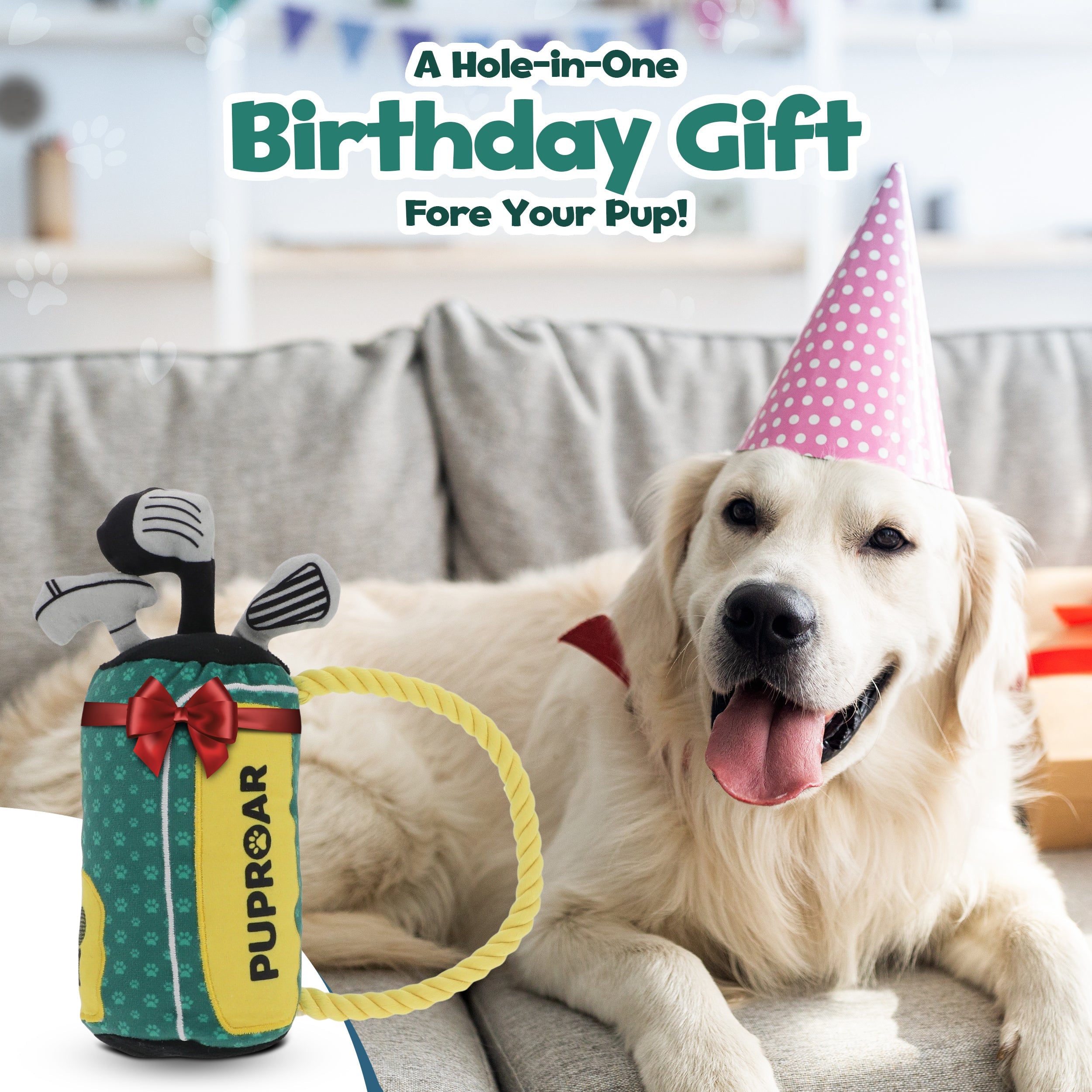 PUPROAR Golf Dog Toy | Cute Squeaky Plush Dog Toy with Rope & Crinkle