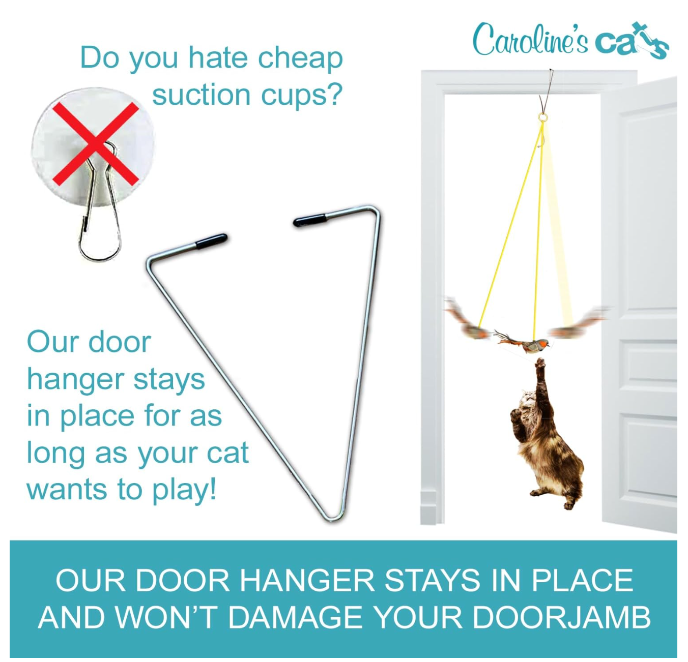 Caroline's Cats Plush Chirping Bird Cat Toy on Elastic String with Doorway Hanger - No Flimsy Suction Cups; Real Electronic Avian Sounds