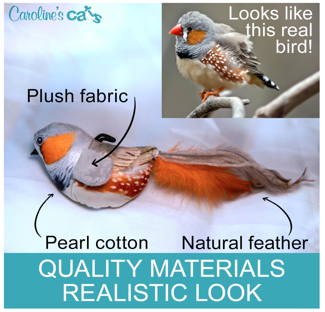 Caroline's Cats Plush Chirping Bird Cat Toy on Elastic String with Doorway Hanger - No Flimsy Suction Cups; Real Electronic Avian Sounds